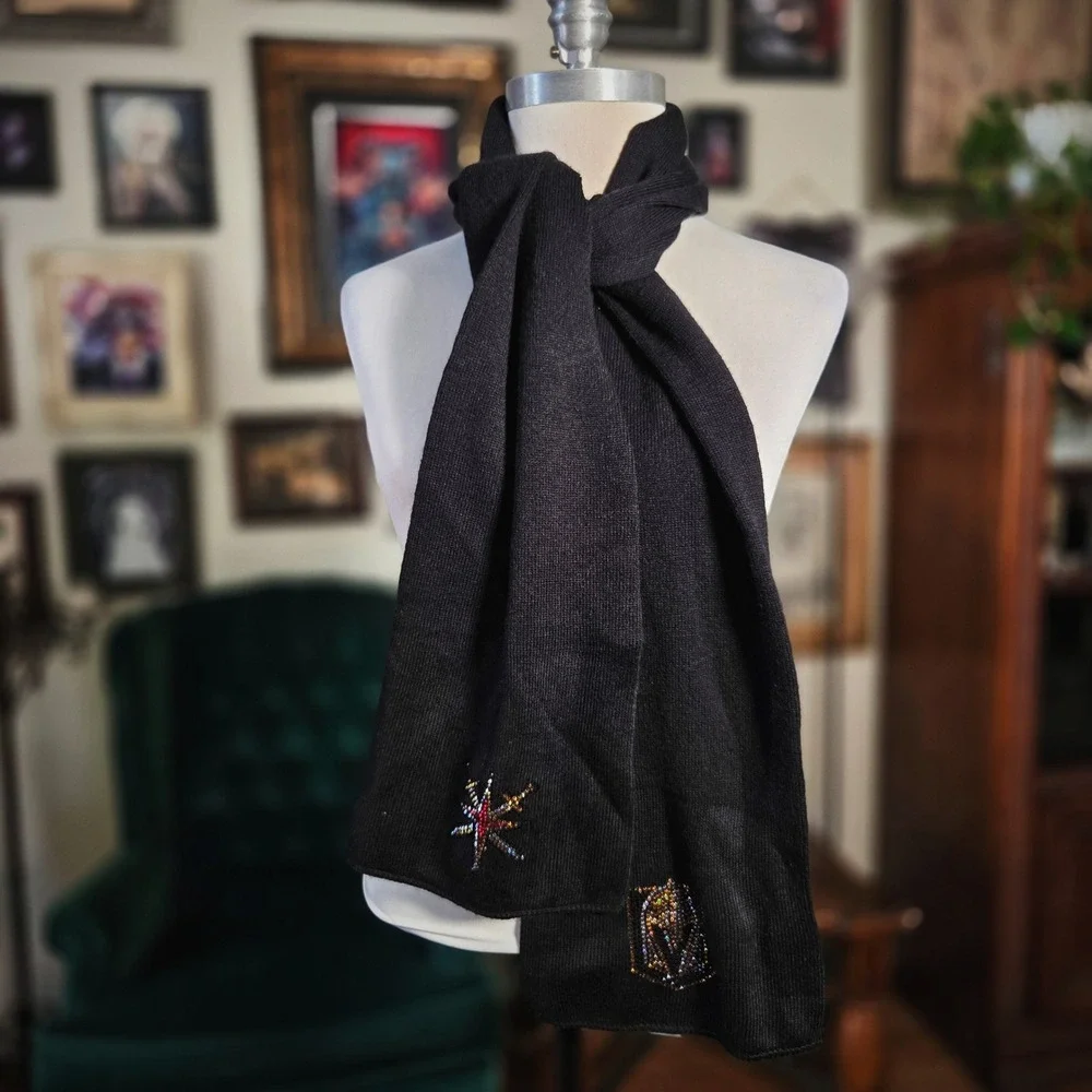 Vegas Golden Knights Scarf NHL Hockey Black Knit Rhinestone Logo Unisex Fan Gear